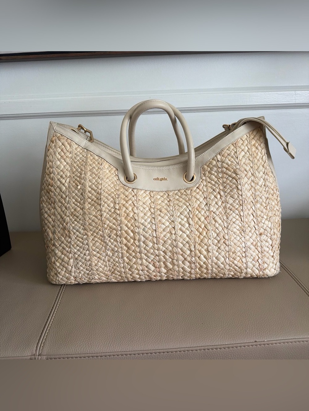 Cult Gaia Wanda Raffia Leather Large Tote Bag Cream